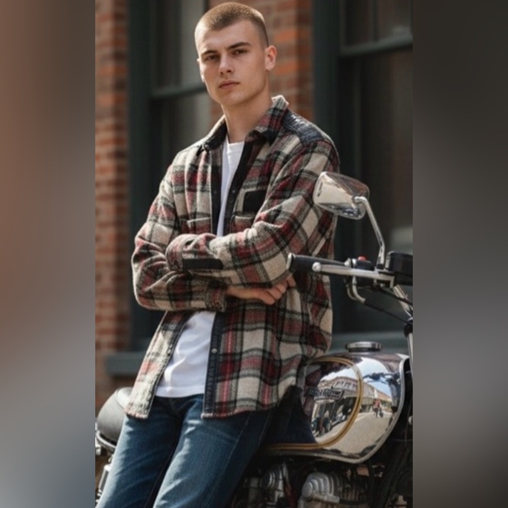 Vintage Plaid Easy‎ Rider Leather trimmed Wool Shirt Jacket